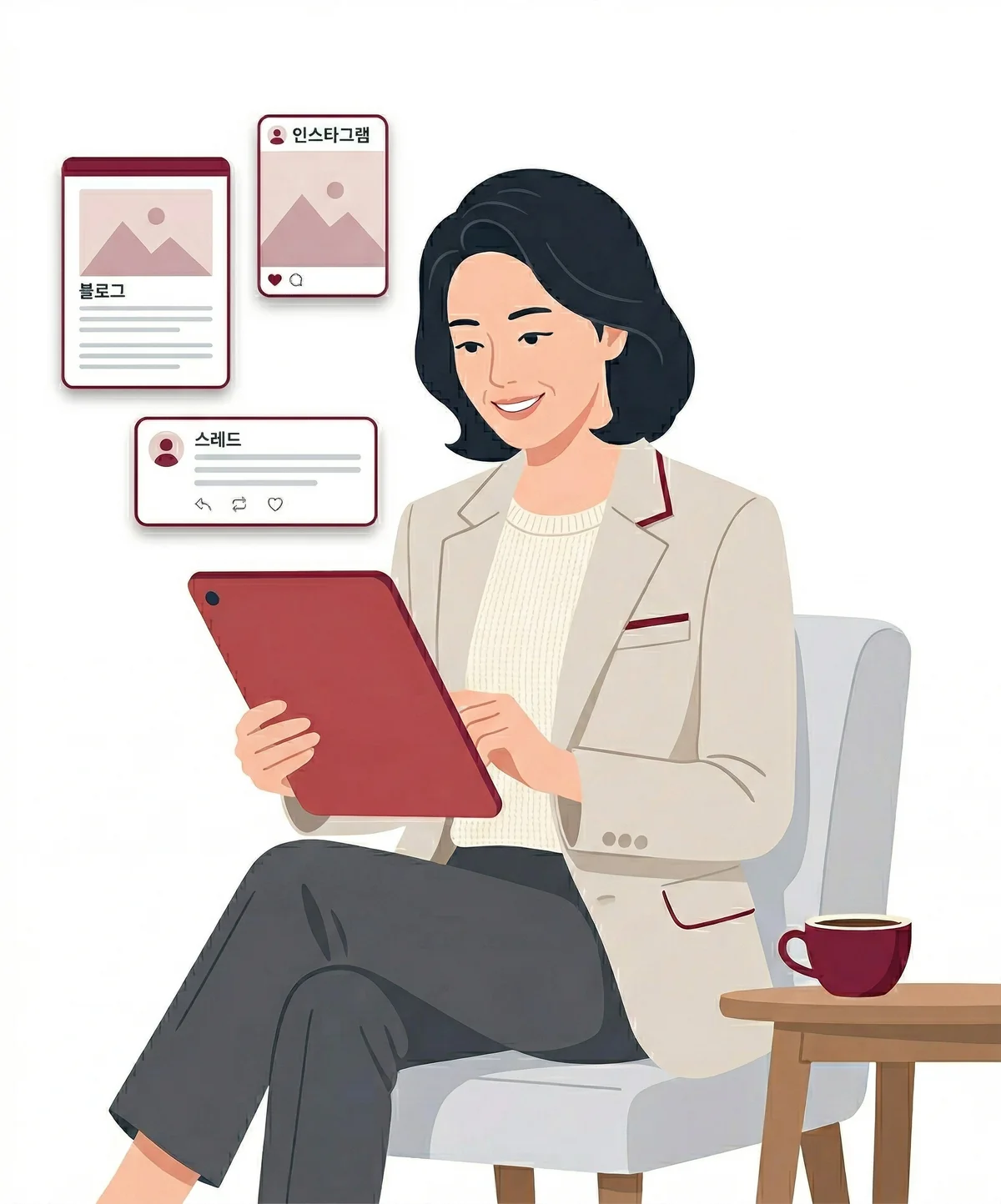 태블릿으로 블로그, 인스타그램, 스레드 콘텐츠를 확인하는 전문가
