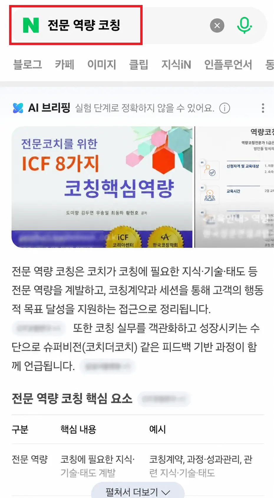 전문 역량 코칭 검색 시 AI 브리핑이 기관·논문을 인용하는 화면
